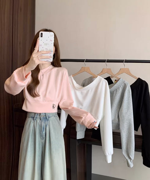 オフショルスウェット 肩見せ トレーナー 韓国風 オフショルダートップス 春秋 ショート丈トレーナー 長袖スウェット 肌見せ お洒落 ダンス服 セクシーtシャツ 90CHENXINI-010