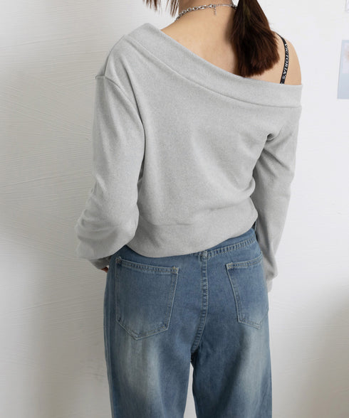 オフショルスウェット 肩見せ トレーナー 韓国風 オフショルダートップス 春秋 ショート丈トレーナー 長袖スウェット 肌見せ お洒落 ダンス服 セクシーtシャツ 90CHENXINI-010