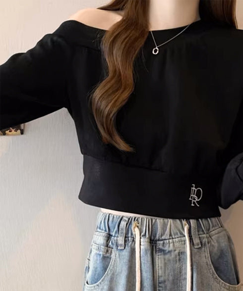 オフショルスウェット 肩見せ トレーナー 韓国風 オフショルダートップス 春秋 ショート丈トレーナー 長袖スウェット 肌見せ お洒落 ダンス服 セクシーtシャツ 90CHENXINI-010