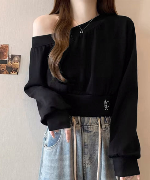 オフショルスウェット 肩見せ トレーナー 韓国風 オフショルダートップス 春秋 ショート丈トレーナー 長袖スウェット 肌見せ お洒落 ダンス服 セクシーtシャツ 90CHENXINI-010