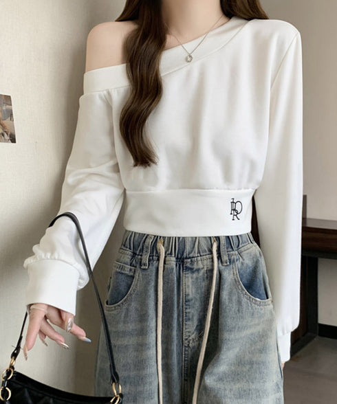 オフショルスウェット 肩見せ トレーナー 韓国風 オフショルダートップス 春秋 ショート丈トレーナー 長袖スウェット 肌見せ お洒落 ダンス服 セクシーtシャツ 90CHENXINI-010