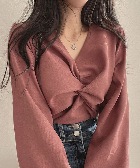 フロントねじり シャツブラウス Vネック ツイストブラウス レディース オフィスカジュアル 通勤長袖ブラウス ゆったりトップス20代30代40代ギャザーシャツ春秋 90CHENXINI-011