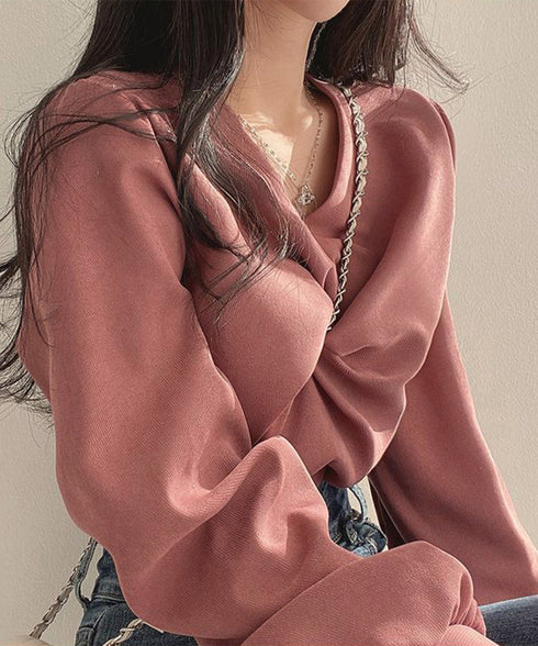 フロントねじり シャツブラウス Vネック ツイストブラウス レディース オフィスカジュアル 通勤長袖ブラウス ゆったりトップス20代30代40代ギャザーシャツ春秋 90CHENXINI-011