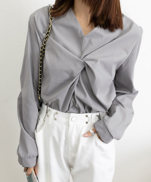 フロントねじり シャツブラウス Vネック ツイストブラウス レディース オフィスカジュアル 通勤長袖ブラウス ゆったりトップス20代30代40代ギャザーシャツ春秋 90CHENXINI-011