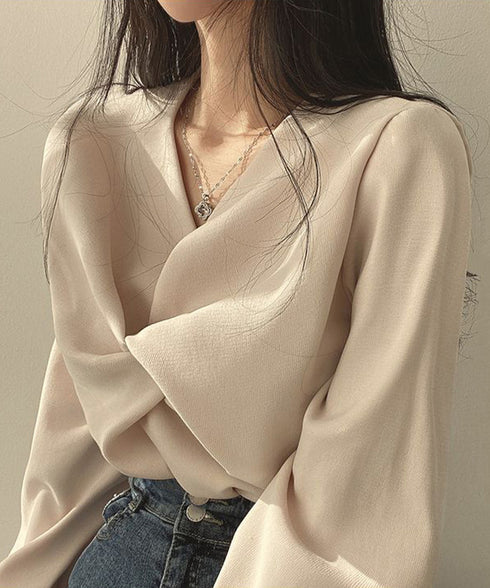 フロントねじり シャツブラウス Vネック ツイストブラウス レディース オフィスカジュアル 通勤長袖ブラウス ゆったりトップス20代30代40代ギャザーシャツ春秋 90CHENXINI-011