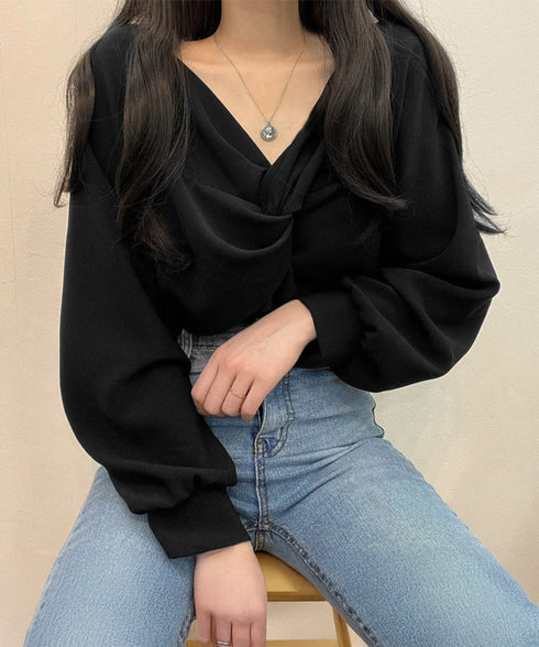 フロントねじり シャツブラウス Vネック ツイストブラウス レディース オフィスカジュアル 通勤長袖ブラウス ゆったりトップス20代30代40代ギャザーシャツ春秋 90CHENXINI-011