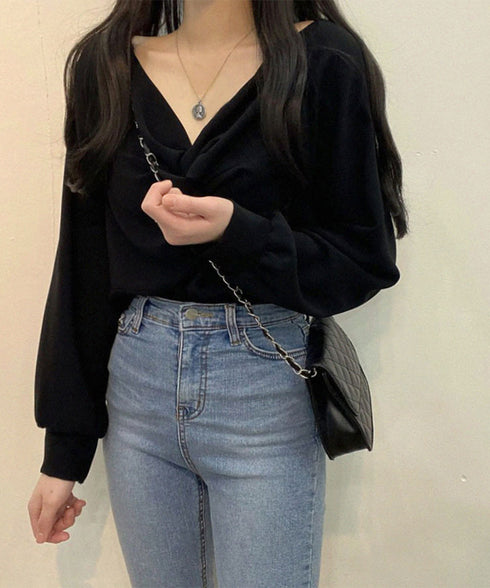 フロントねじり シャツブラウス Vネック ツイストブラウス レディース オフィスカジュアル 通勤長袖ブラウス ゆったりトップス20代30代40代ギャザーシャツ春秋 90CHENXINI-011