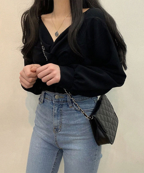 フロントねじり シャツブラウス Vネック ツイストブラウス レディース オフィスカジュアル 通勤長袖ブラウス ゆったりトップス20代30代40代ギャザーシャツ春秋 90CHENXINI-011