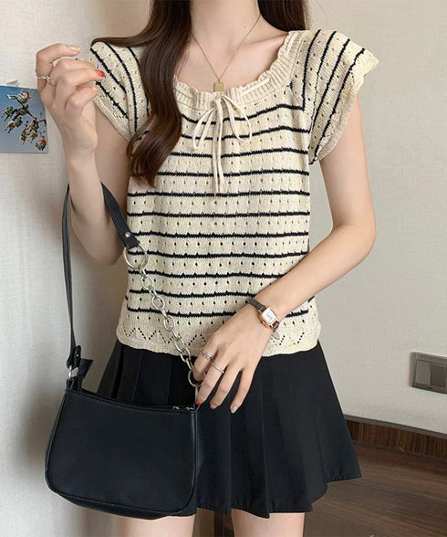 パンチングリボン半袖ニットトップス韓国風 ボーダー柄サマーニット レディース ニットソー 薄手ニットTシャツ 大人可愛い ガーリーニットプルオーバー おしゃれ夏服 90CHENXINI-012