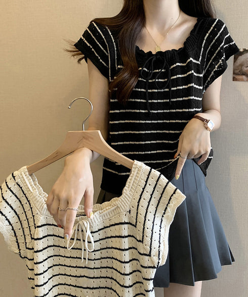パンチングリボン半袖ニットトップス韓国風 ボーダー柄サマーニット レディース ニットソー 薄手ニットTシャツ 大人可愛い ガーリーニットプルオーバー おしゃれ夏服 90CHENXINI-012