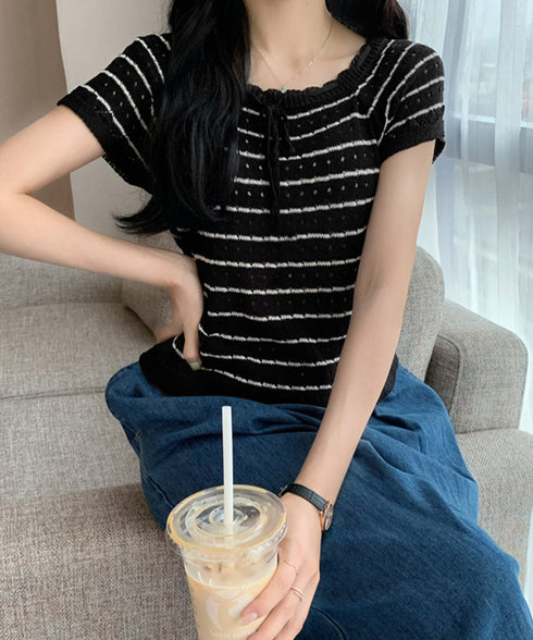 パンチングリボン半袖ニットトップス韓国風 ボーダー柄サマーニット レディース ニットソー 薄手ニットTシャツ 大人可愛い ガーリーニットプルオーバー おしゃれ夏服 90CHENXINI-012