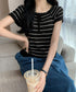 パンチングリボン半袖ニットトップス韓国風 ボーダー柄サマーニット レディース ニットソー 薄手ニットTシャツ 大人可愛い ガーリーニットプルオーバー おしゃれ夏服 90CHENXINI-012