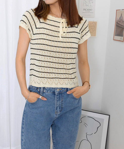 パンチングリボン半袖ニットトップス韓国風 ボーダー柄サマーニット レディース ニットソー 薄手ニットTシャツ 大人可愛い ガーリーニットプルオーバー おしゃれ夏服 90CHENXINI-012