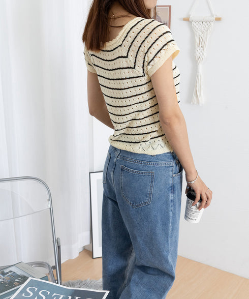 パンチングリボン半袖ニットトップス韓国風 ボーダー柄サマーニット レディース ニットソー 薄手ニットTシャツ 大人可愛い ガーリーニットプルオーバー おしゃれ夏服 90CHENXINI-012