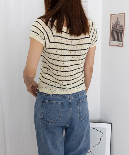 パンチングリボン半袖ニットトップス韓国風 ボーダー柄サマーニット レディース ニットソー 薄手ニットTシャツ 大人可愛い ガーリーニットプルオーバー おしゃれ夏服 90CHENXINI-012