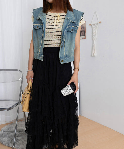 パンチングリボン半袖ニットトップス韓国風 ボーダー柄サマーニット レディース ニットソー 薄手ニットTシャツ 大人可愛い ガーリーニットプルオーバー おしゃれ夏服 90CHENXINI-012