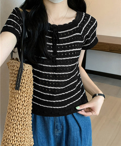 パンチングリボン半袖ニットトップス韓国風 ボーダー柄サマーニット レディース ニットソー 薄手ニットTシャツ 大人可愛い ガーリーニットプルオーバー おしゃれ夏服 90CHENXINI-012