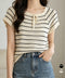 パンチングリボン半袖ニットトップス韓国風 ボーダー柄サマーニット レディース ニットソー 薄手ニットTシャツ 大人可愛い ガーリーニットプルオーバー おしゃれ夏服 90CHENXINI-012