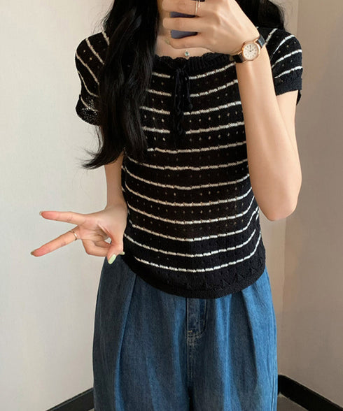 パンチングリボン半袖ニットトップス韓国風 ボーダー柄サマーニット レディース ニットソー 薄手ニットTシャツ 大人可愛い ガーリーニットプルオーバー おしゃれ夏服 90CHENXINI-012