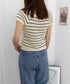 パンチングリボン半袖ニットトップス韓国風 ボーダー柄サマーニット レディース ニットソー 薄手ニットTシャツ 大人可愛い ガーリーニットプルオーバー おしゃれ夏服 90CHENXINI-012