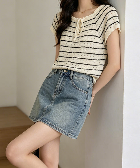 パンチングリボン半袖ニットトップス韓国風 ボーダー柄サマーニット レディース ニットソー 薄手ニットTシャツ 大人可愛い ガーリーニットプルオーバー おしゃれ夏服 90CHENXINI-012