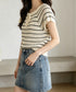 パンチングリボン半袖ニットトップス韓国風 ボーダー柄サマーニット レディース ニットソー 薄手ニットTシャツ 大人可愛い ガーリーニットプルオーバー おしゃれ夏服 90CHENXINI-012