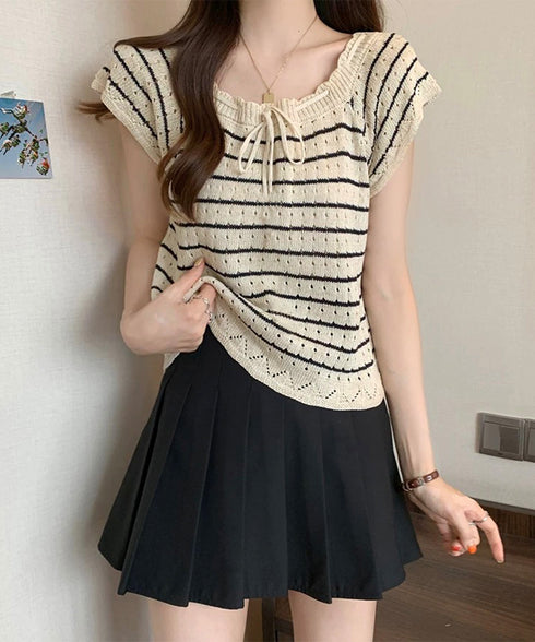 パンチングリボン半袖ニットトップス韓国風 ボーダー柄サマーニット レディース ニットソー 薄手ニットTシャツ 大人可愛い ガーリーニットプルオーバー おしゃれ夏服 90CHENXINI-012