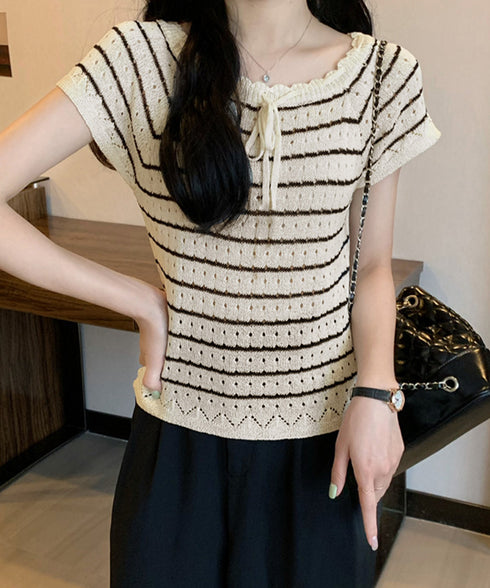 パンチングリボン半袖ニットトップス韓国風 ボーダー柄サマーニット レディース ニットソー 薄手ニットTシャツ 大人可愛い ガーリーニットプルオーバー おしゃれ夏服 90CHENXINI-012
