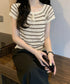 パンチングリボン半袖ニットトップス韓国風 ボーダー柄サマーニット レディース ニットソー 薄手ニットTシャツ 大人可愛い ガーリーニットプルオーバー おしゃれ夏服 90CHENXINI-012
