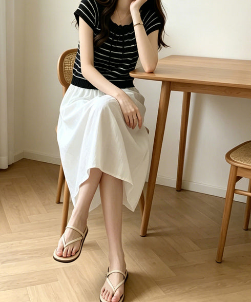 パンチングリボン半袖ニットトップス韓国風 ボーダー柄サマーニット レディース ニットソー 薄手ニットTシャツ 大人可愛い ガーリーニットプルオーバー おしゃれ夏服 90CHENXINI-012