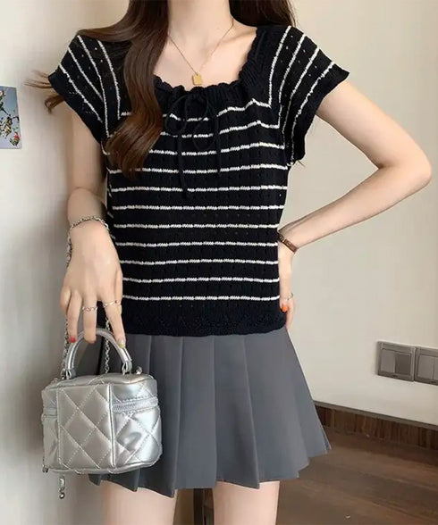 パンチングリボン半袖ニットトップス韓国風 ボーダー柄サマーニット レディース ニットソー 薄手ニットTシャツ 大人可愛い ガーリーニットプルオーバー おしゃれ夏服 90CHENXINI-012