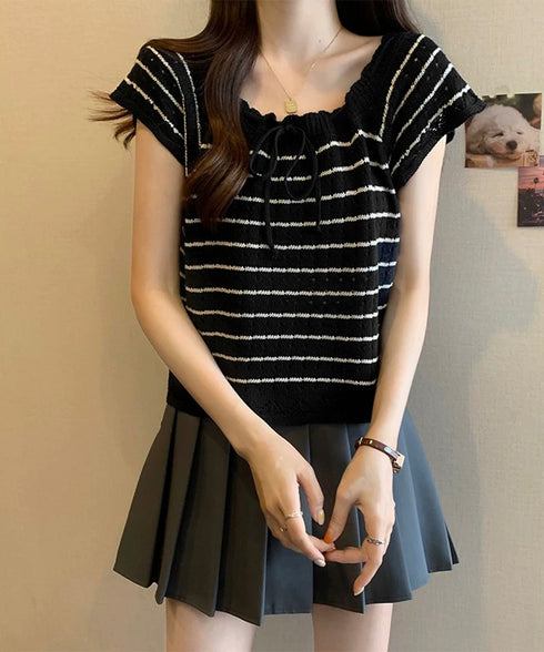 パンチングリボン半袖ニットトップス韓国風 ボーダー柄サマーニット レディース ニットソー 薄手ニットTシャツ 大人可愛い ガーリーニットプルオーバー おしゃれ夏服 90CHENXINI-012