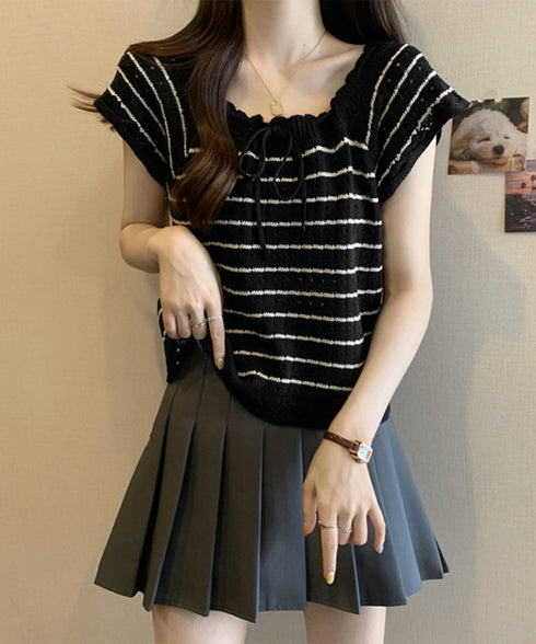 パンチングリボン半袖ニットトップス韓国風 ボーダー柄サマーニット レディース ニットソー 薄手ニットTシャツ 大人可愛い ガーリーニットプルオーバー おしゃれ夏服 90CHENXINI-012