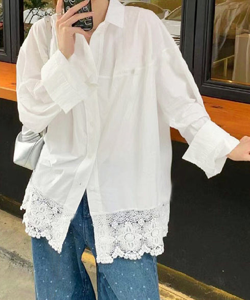 レース切替シャツブラウス長袖シャツ韓国風 襟付きシャツレディース 裾レース刺しゅうトップス 春夏 ゆったりシルエット こなれ感 ロングシャツカーディガン体型カバー 90CHENXINI-013
