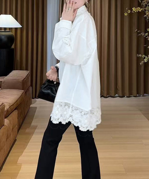 レース切替シャツブラウス長袖シャツ韓国風 襟付きシャツレディース 裾レース刺しゅうトップス 春夏 ゆったりシルエット こなれ感 ロングシャツカーディガン体型カバー 90CHENXINI-013