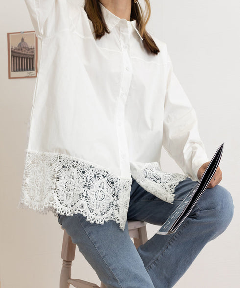 レース切替シャツブラウス長袖シャツ韓国風 襟付きシャツレディース 裾レース刺しゅうトップス 春夏 ゆったりシルエット こなれ感 ロングシャツカーディガン体型カバー 90CHENXINI-013