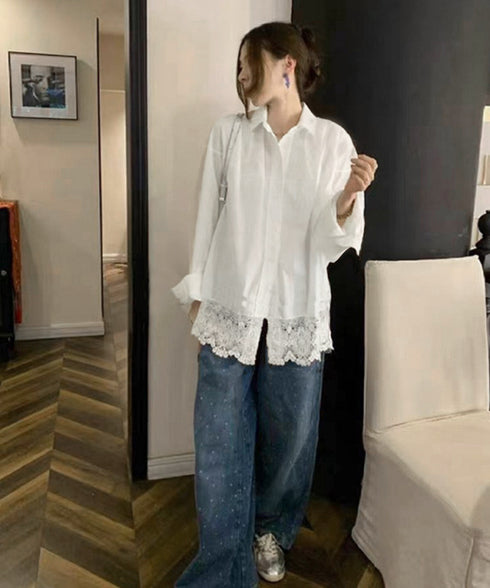 レース切替シャツブラウス長袖シャツ韓国風 襟付きシャツレディース 裾レース刺しゅうトップス 春夏 ゆったりシルエット こなれ感 ロングシャツカーディガン体型カバー 90CHENXINI-013