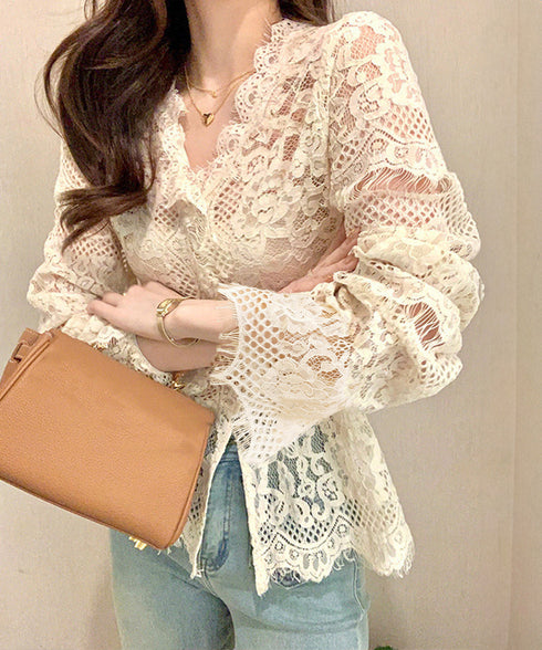 総レースブラウスVネックシースルーシャツ レディース フェミニン 総レーストップス オフィスカジュアル セクシーキャンディスリーブブラウス 上品シャツブラウス春夏 90CHENXINI-014