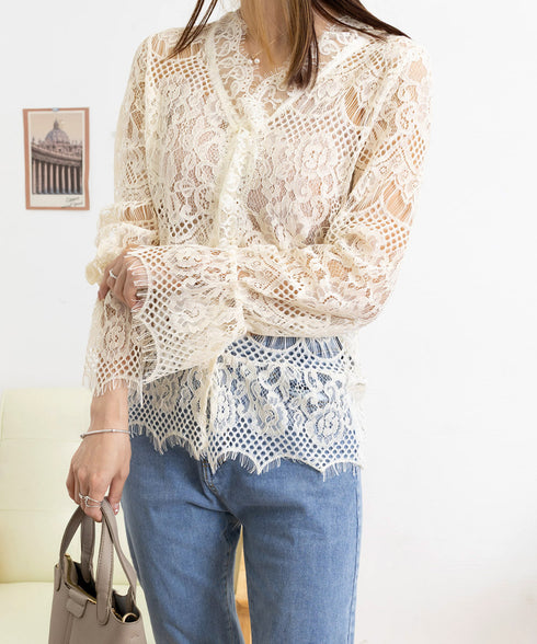 総レースブラウスVネックシースルーシャツ レディース フェミニン 総レーストップス オフィスカジュアル セクシーキャンディスリーブブラウス 上品シャツブラウス春夏 90CHENXINI-014