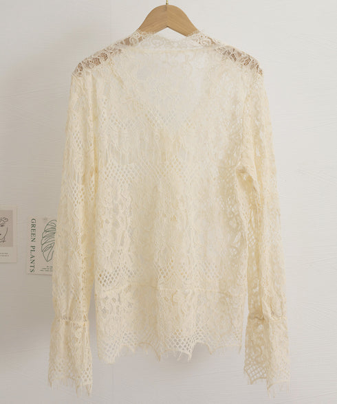 総レースブラウスVネックシースルーシャツ レディース フェミニン 総レーストップス オフィスカジュアル セクシーキャンディスリーブブラウス 上品シャツブラウス春夏 90CHENXINI-014