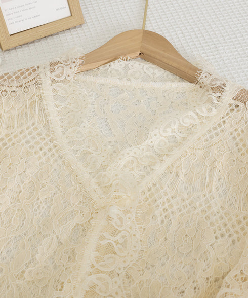 総レースブラウスVネックシースルーシャツ レディース フェミニン 総レーストップス オフィスカジュアル セクシーキャンディスリーブブラウス 上品シャツブラウス春夏 90CHENXINI-014