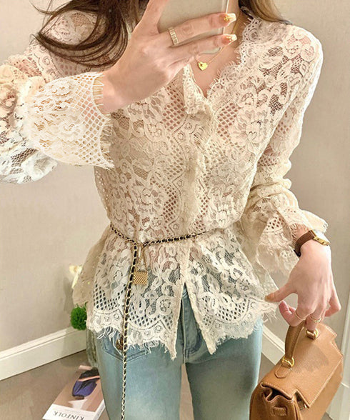 総レースブラウスVネックシースルーシャツ レディース フェミニン 総レーストップス オフィスカジュアル セクシーキャンディスリーブブラウス 上品シャツブラウス春夏 90CHENXINI-014
