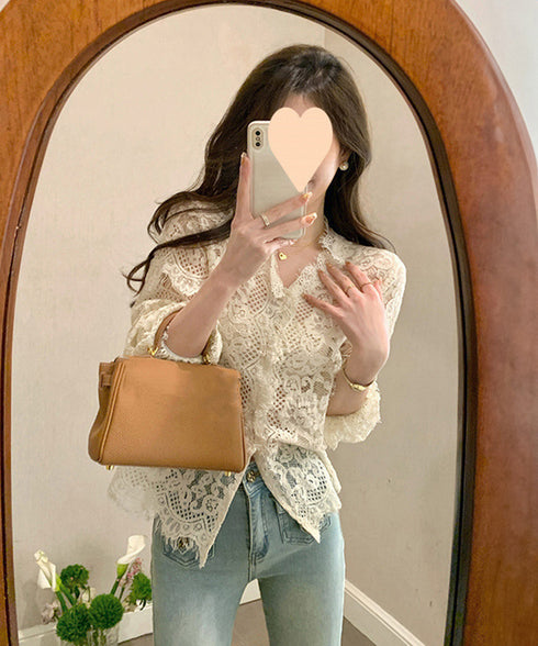 総レースブラウスVネックシースルーシャツ レディース フェミニン 総レーストップス オフィスカジュアル セクシーキャンディスリーブブラウス 上品シャツブラウス春夏 90CHENXINI-014