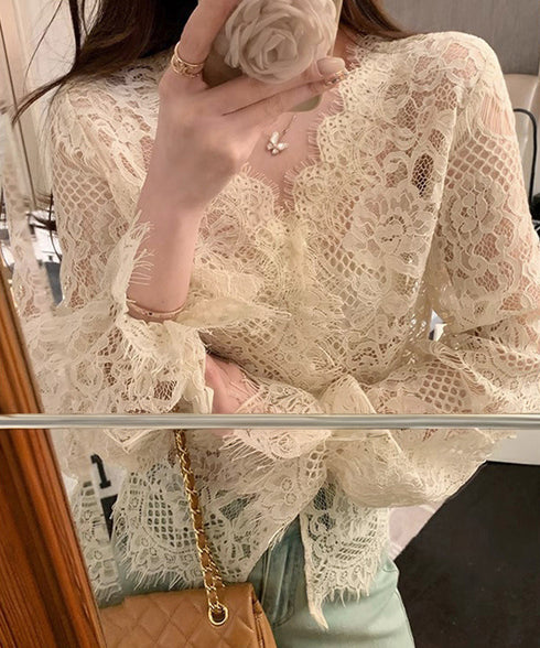 総レースブラウスVネックシースルーシャツ レディース フェミニン 総レーストップス オフィスカジュアル セクシーキャンディスリーブブラウス 上品シャツブラウス春夏 90CHENXINI-014