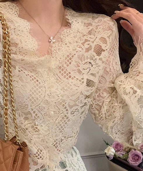 総レースブラウスVネックシースルーシャツ レディース フェミニン 総レーストップス オフィスカジュアル セクシーキャンディスリーブブラウス 上品シャツブラウス春夏 90CHENXINI-014