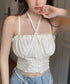 レースアップニットキャミソールレディース ホルターネック 編み上げニットキャミ 大人可愛いレイヤードインナー 重ね着トップスフリルキャミ へそ出しトップス 着やせ 90CHENXINI-015