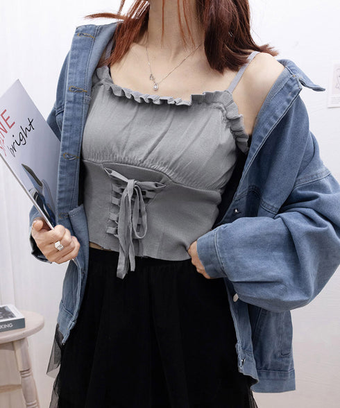 レースアップニットキャミソールレディース ホルターネック 編み上げニットキャミ 大人可愛いレイヤードインナー 重ね着トップスフリルキャミ へそ出しトップス 着やせ 90CHENXINI-015