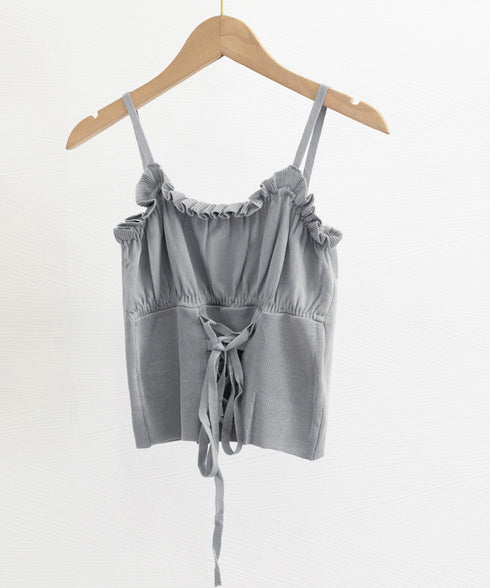 レースアップニットキャミソールレディース ホルターネック 編み上げニットキャミ 大人可愛いレイヤードインナー 重ね着トップスフリルキャミ へそ出しトップス 着やせ 90CHENXINI-015