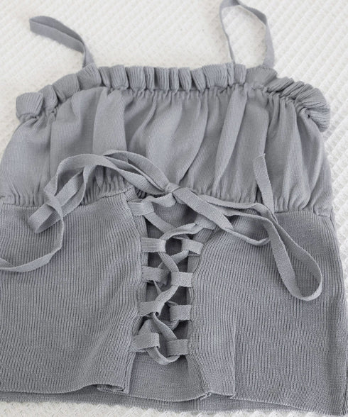 レースアップニットキャミソールレディース ホルターネック 編み上げニットキャミ 大人可愛いレイヤードインナー 重ね着トップスフリルキャミ へそ出しトップス 着やせ 90CHENXINI-015