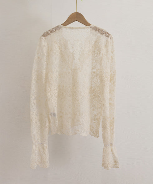 花柄レースブラウス 韓国風シアートップス きれいめトップス春夏 キャンディスリーブブラウスレディースおしゃれ 長袖シースルートップス透け感 フェミニン服大人可愛い 90CHENXINI-016